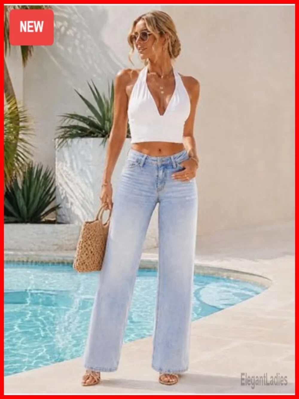 Mid-Low Rise Baggy Wide Leg Jeans Stretchy Distressed Denim Butt Lifting Tummy